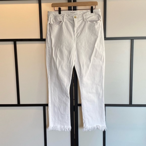 FRAME Le High Straight Blanc white jeans raw hem. Size 32 - Picture 2 of 16
